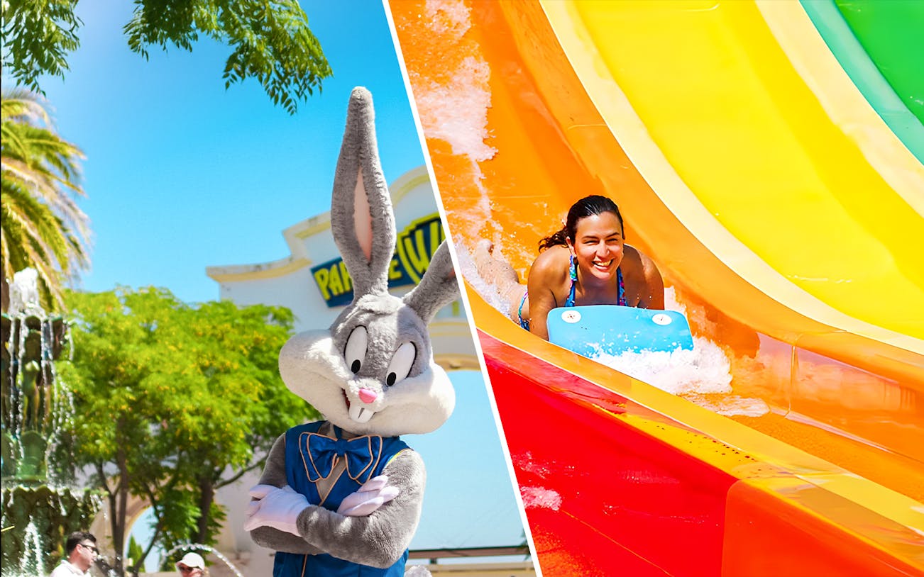 Bugs Bunny at Parque Warner and woman on Kangaroa water slide at Aquopolis.