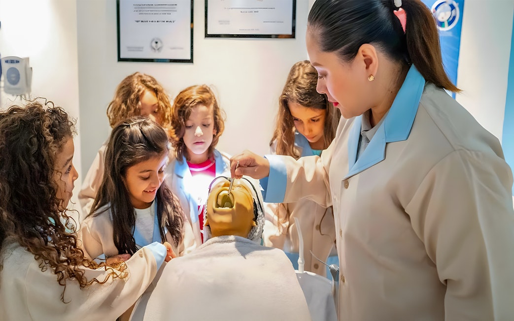 Kids assisting a dentist with a dental mannequin at Kidzania, Abu Dhabi.