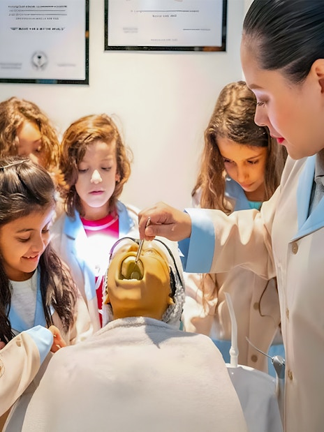 Kids assisting a dentist with a dental mannequin at Kidzania, Abu Dhabi.