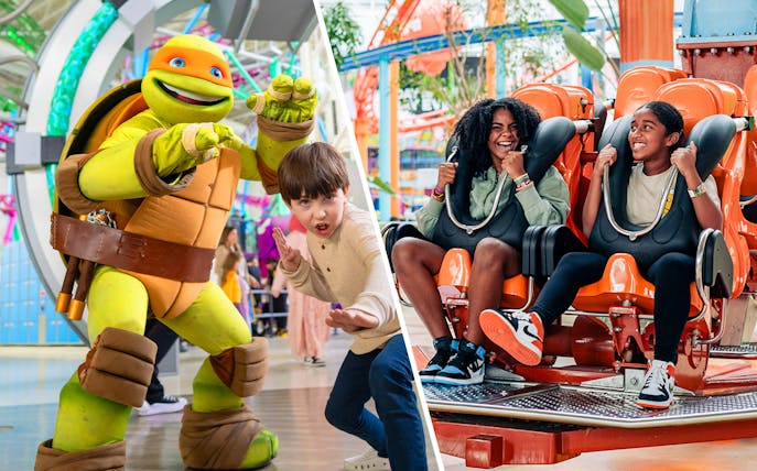 Nickelodeon Universe character with child and two kids on a ride at American Dream, New Jersey.