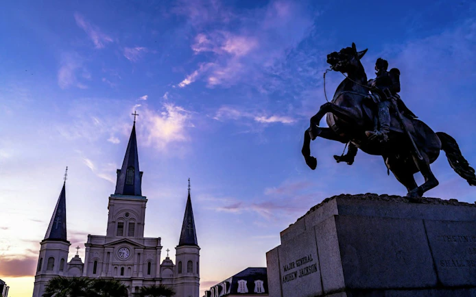 Jackson Square with Andrew Jackson statue and St. Louis Cathedral, New Orleans.
