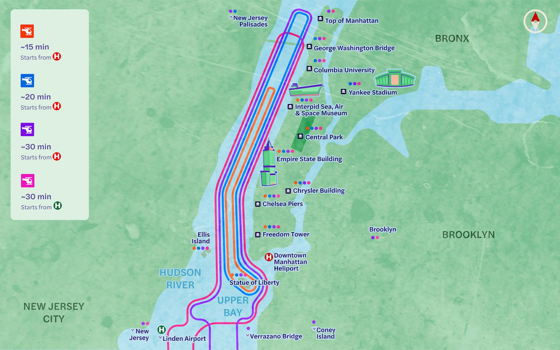 New York helicopter tour route map showing key landmarks and flight path.