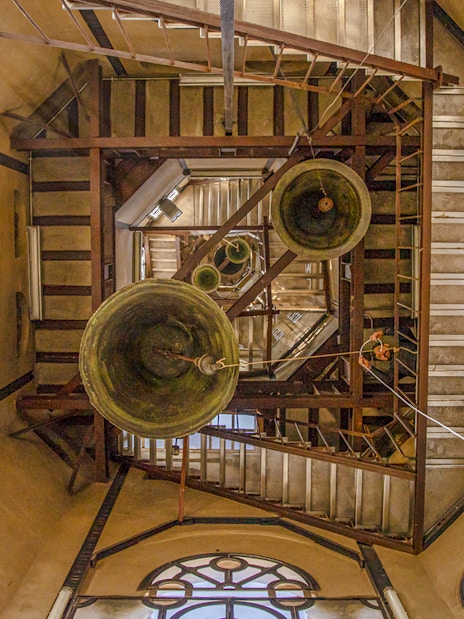 Santiago Cathedral Bell Tower interior with visible bells and staircases.