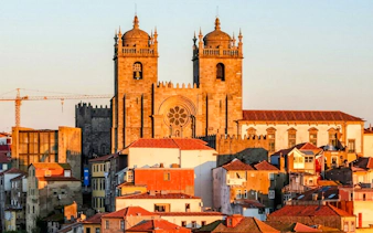 Porto Cathedral with twin towers and rose window in Porto, Portugal.