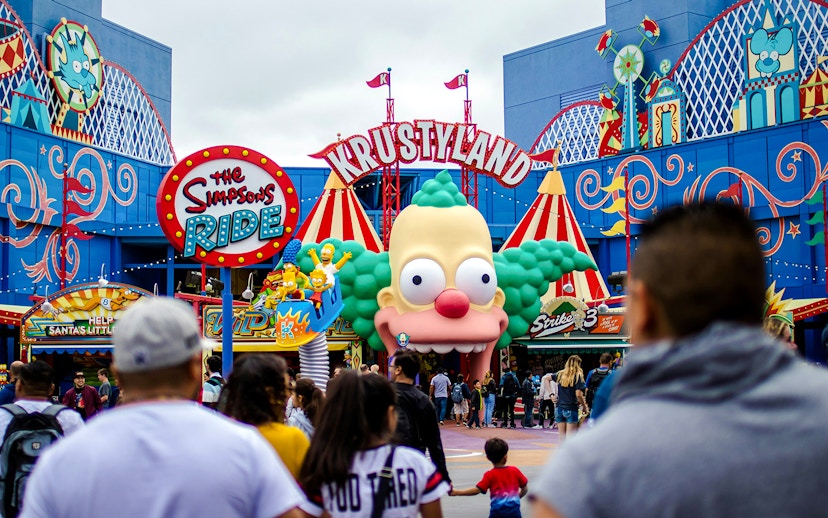 Visitors at The Simpsons Ride entrance, Krustyland, Universal Studios Hollywood.