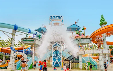 Atlantis Ancol water park entrance with slides and fountains, Jakarta.