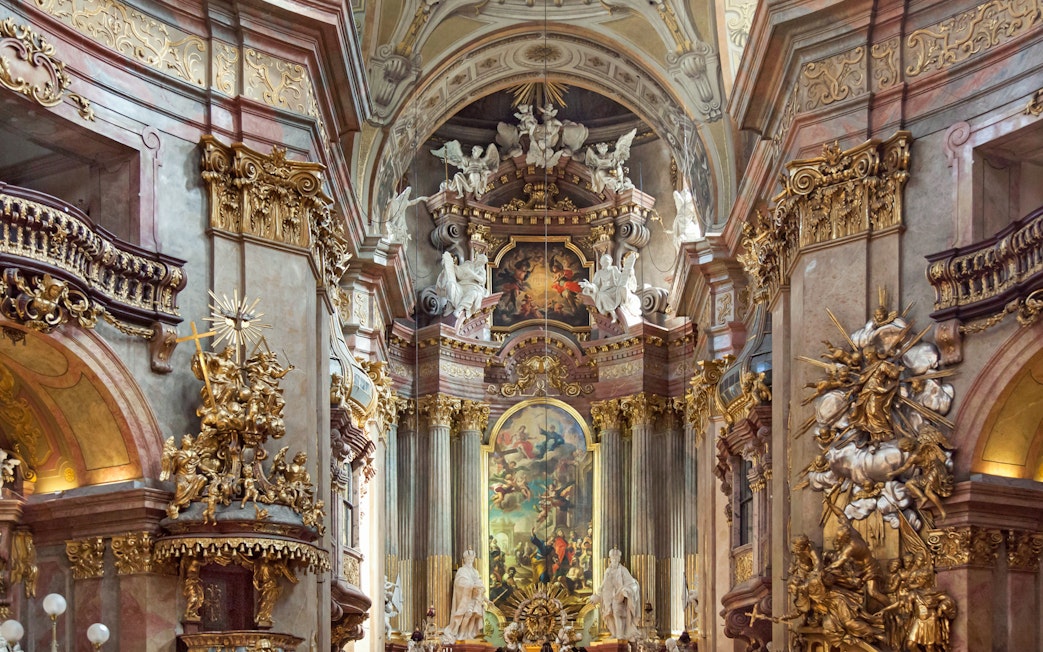 St. Peter's Church ornate interior with baroque decorations, Vienna concert venue.