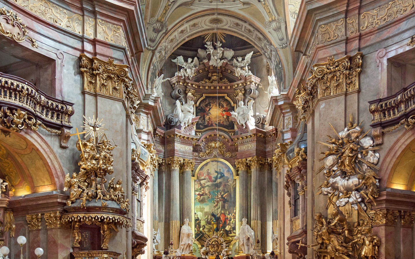 St. Peter's Church ornate interior with baroque decorations, Vienna concert venue.