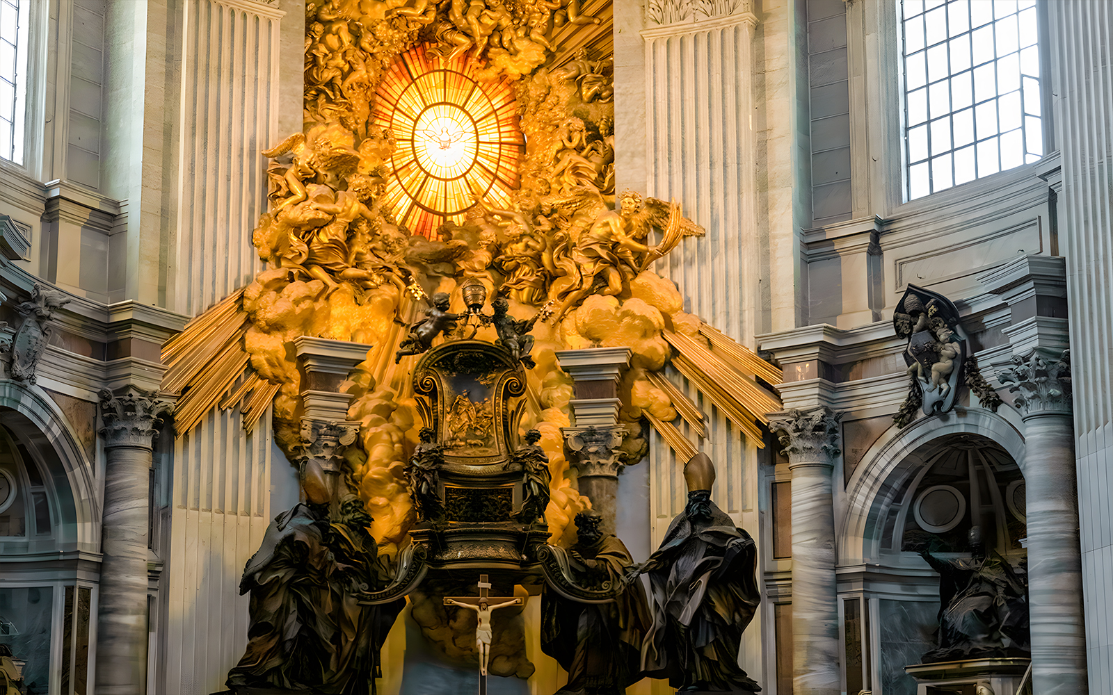 St. Peter's Chair in St. Peter's Basilica, Vatican City, surrounded by ornate architecture.