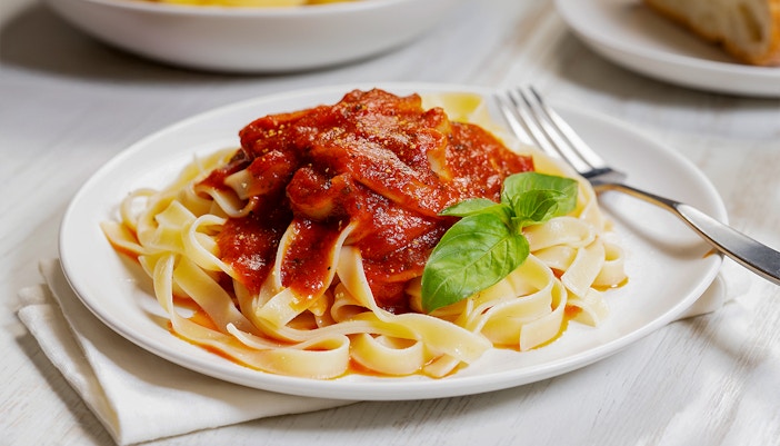 Fettuccine with tomato sauce served on a white plate in an Italian restaurant.