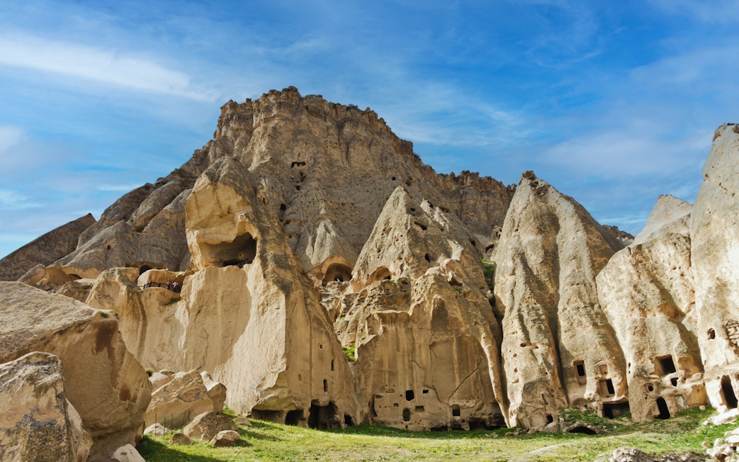 Selime Monastery rock formations in Cappadocia, Turkey, with carved cave dwellings.