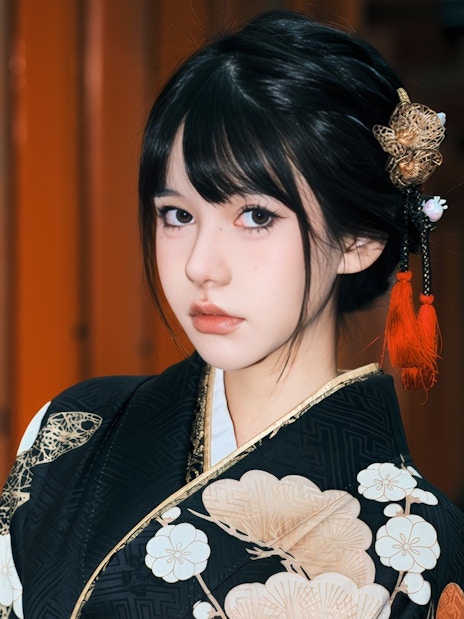Woman in traditional Japanese kimono with floral patterns and hair ornament.