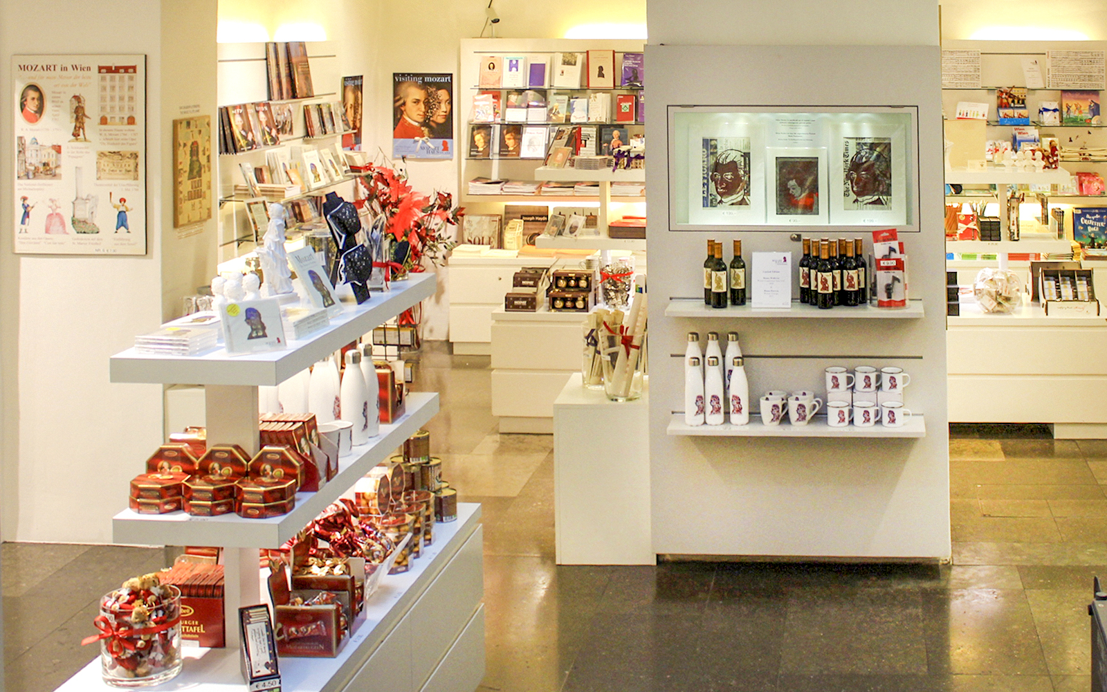 Mozarthaus Vienna gift shop with Mozart-themed souvenirs and books on display.
