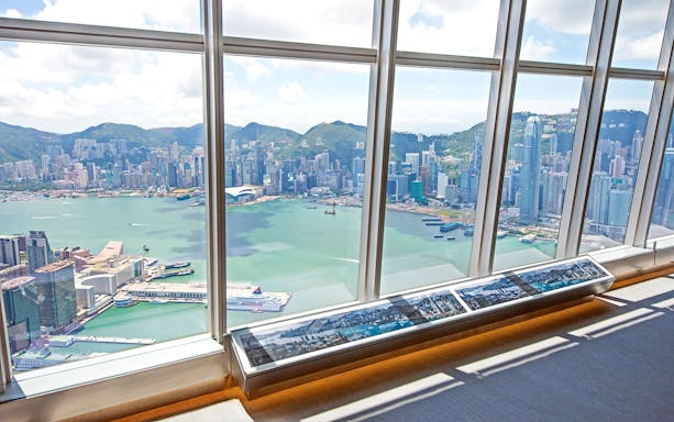 View of Hong Kong skyline and harbor from Sky100 Observation Deck.