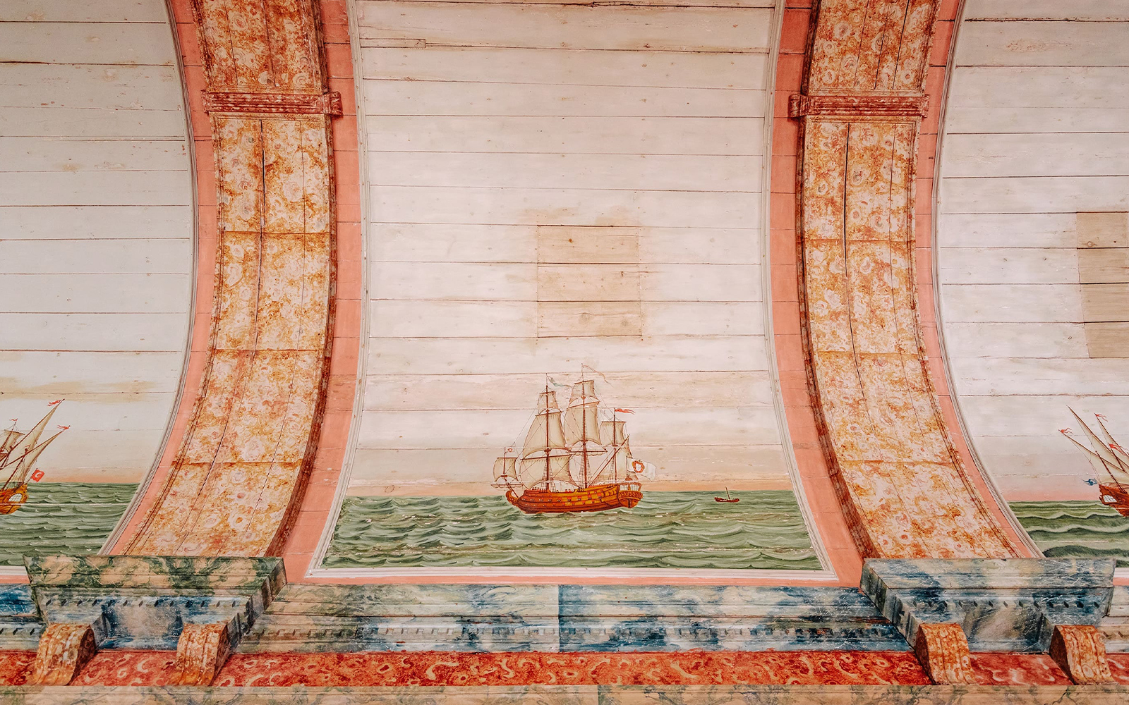 National Palace of Sintra Galley Room ceiling artwork depicting a sailing ship.