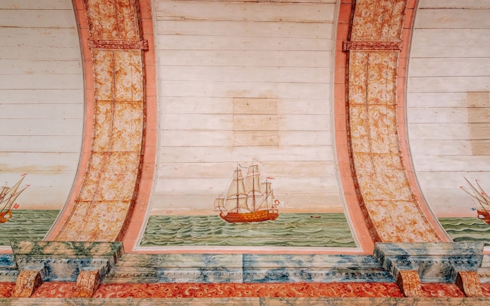 National Palace of Sintra Galley Room ceiling artwork depicting a sailing ship.