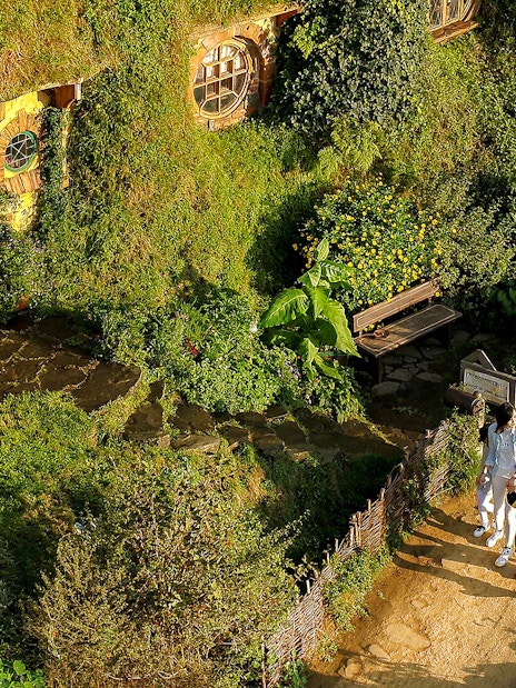 Family exploring Hobbiton Movie Set with iconic round door, lush greenery, and garden path.