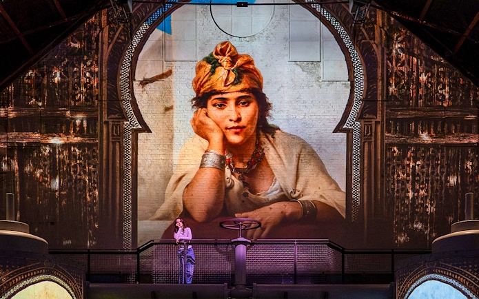 Exhibition visitor viewing large projected portrait at Fabrique des Lumières, Kingdom of the Pharaohs.