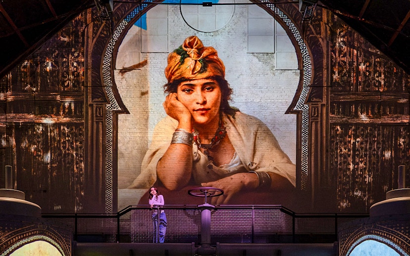 Exhibition visitor viewing large projected portrait at Fabrique des Lumières, Kingdom of the Pharaohs.