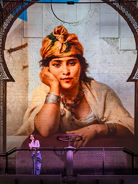 Exhibition visitor viewing large projected portrait at Fabrique des Lumières, Kingdom of the Pharaohs.