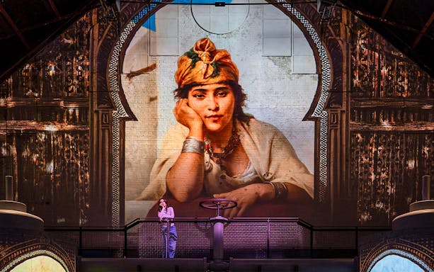Exhibition visitor viewing large projected portrait at Fabrique des Lumières, Kingdom of the Pharaohs.