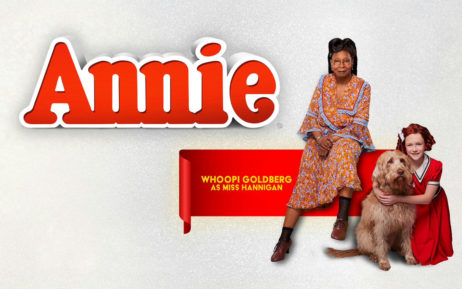 Annie musical poster with cast members and dog.