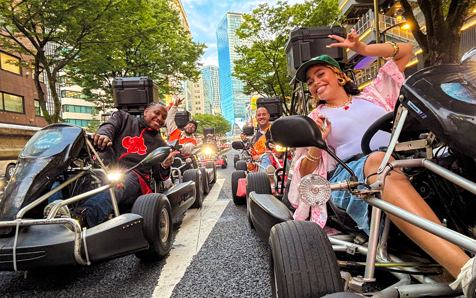 Friends enjoying a go-kart ride on the streets of Shibuya, Tokyo.