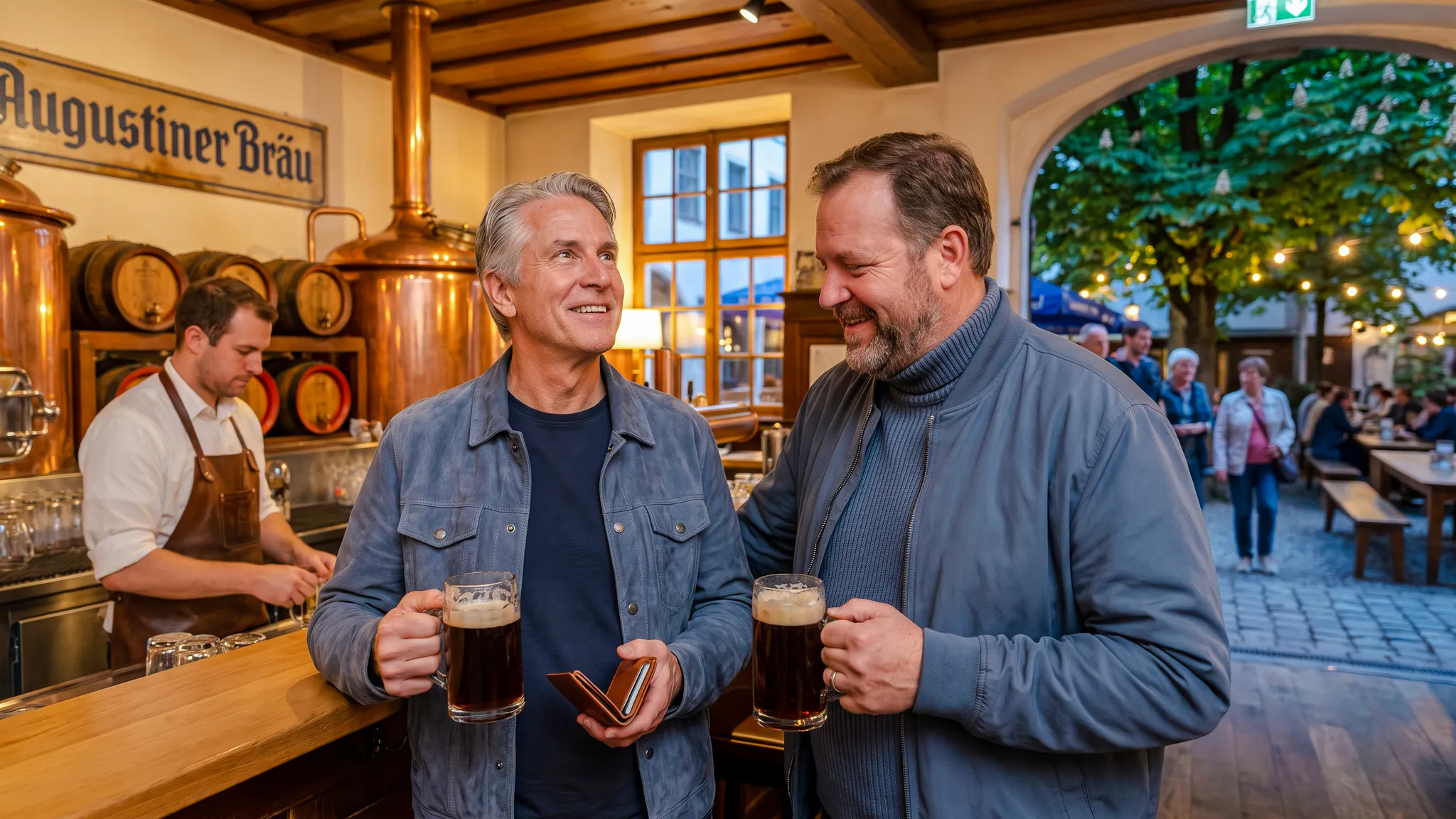 Men enjoying beer at Augustiner Bräu during Munich's Oktoberfest Keg Tapping tour.