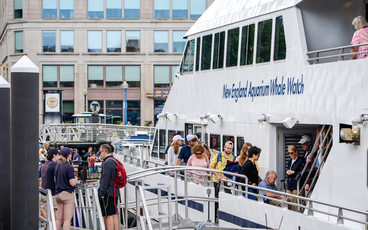 Guests boarding New England Aquarium Whale Watch catamaran in Boston.