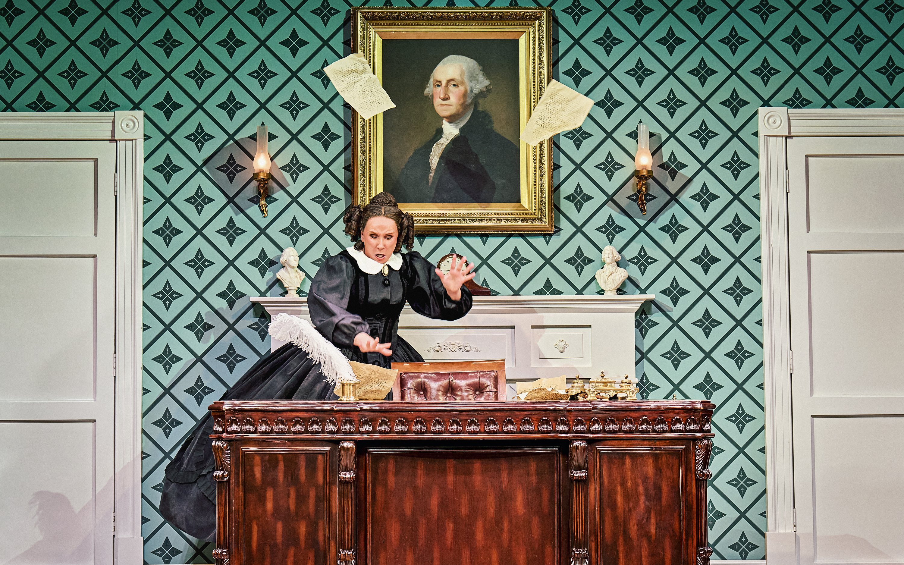 Stage scene from Oh, Mary Westend show with actor at ornate desk.