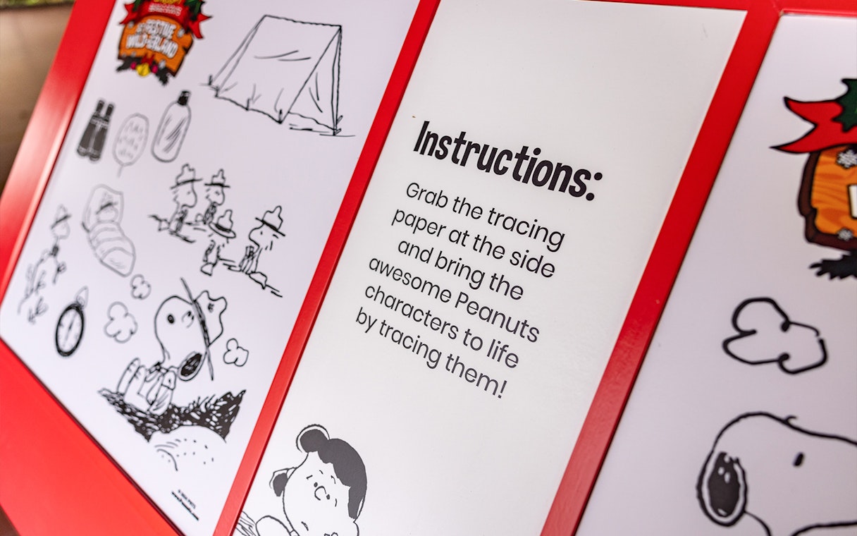 Instructions for tracing Peanuts characters at Singapore Zoo exhibit.
