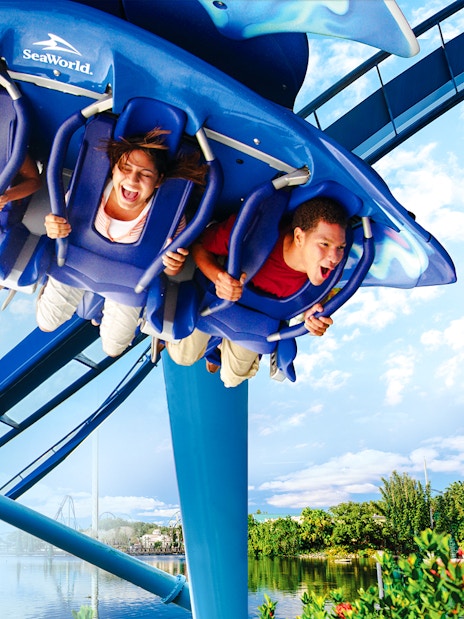 Riders on Manta roller coaster at SeaWorld Orlando, experiencing a thrilling loop.