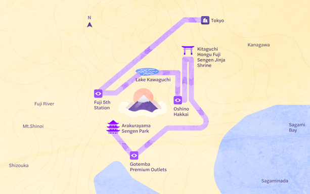 Map of 1-Day Private Tour of Mt Fuji, including Tokyo, Lake Kawaguchi, and Gotemba Outlets.
