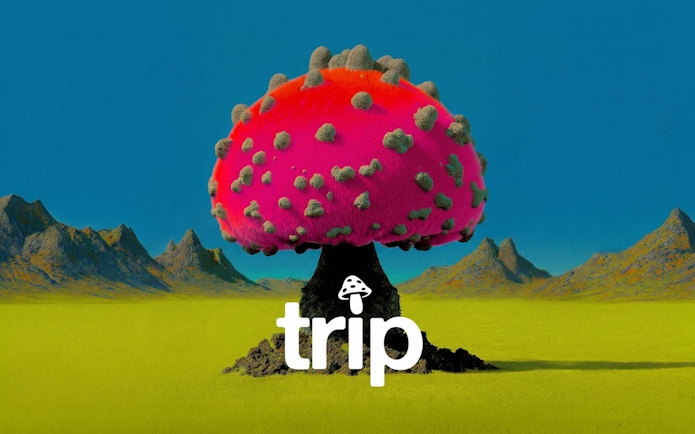 Surreal pink mushroom landscape with "trip" logo, Club Chinois, Ibiza.