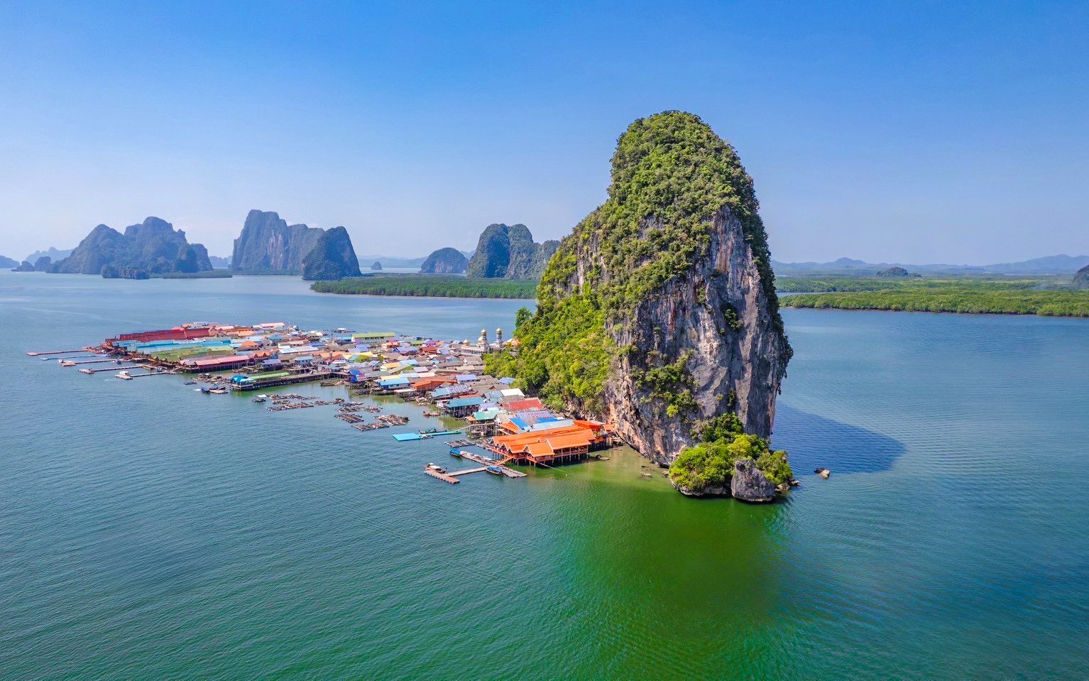James Bond Island and floating village in Phang Nga Bay, Thailand.
