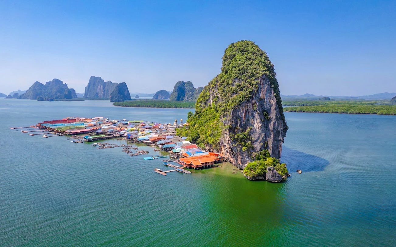 James Bond Island and floating village in Phang Nga Bay, Thailand.