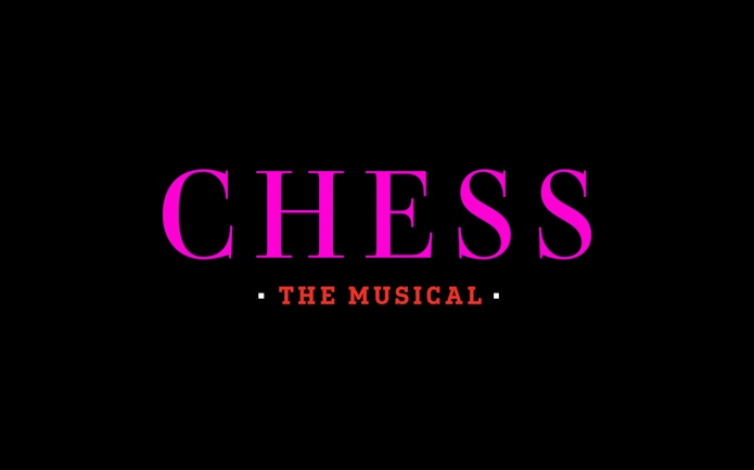 Chess Broadway Show poster with bold pink and red text on black background.
