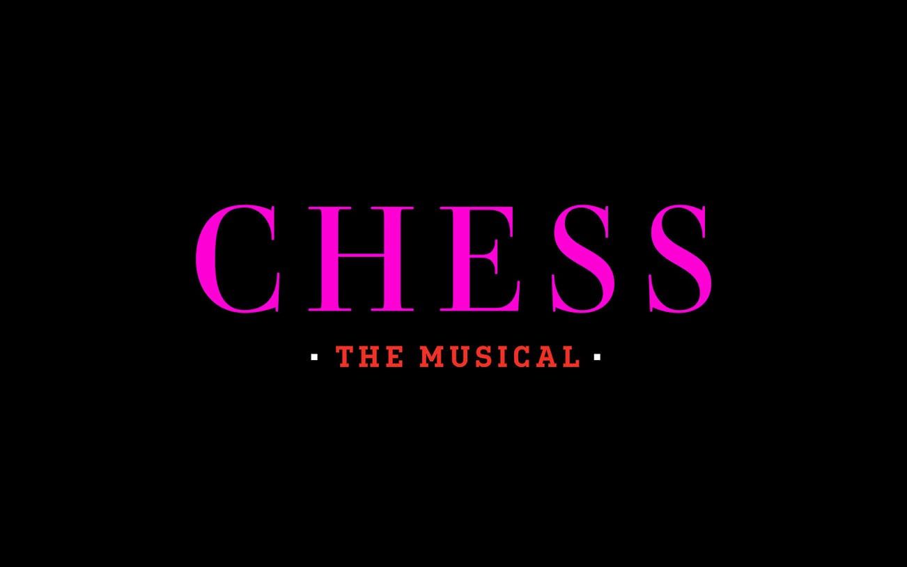 Chess Broadway Show poster with bold pink and red text on black background.