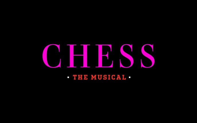 Chess Broadway Show poster with bold pink and red text on black background.