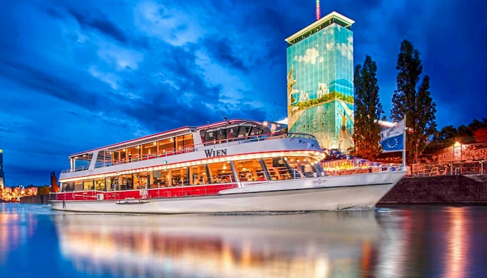 Danube River evening cruise with dinner and live music in Vienna.