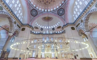 Interior view of the Blue Mosque's ornate dome and arches in Istanbul.