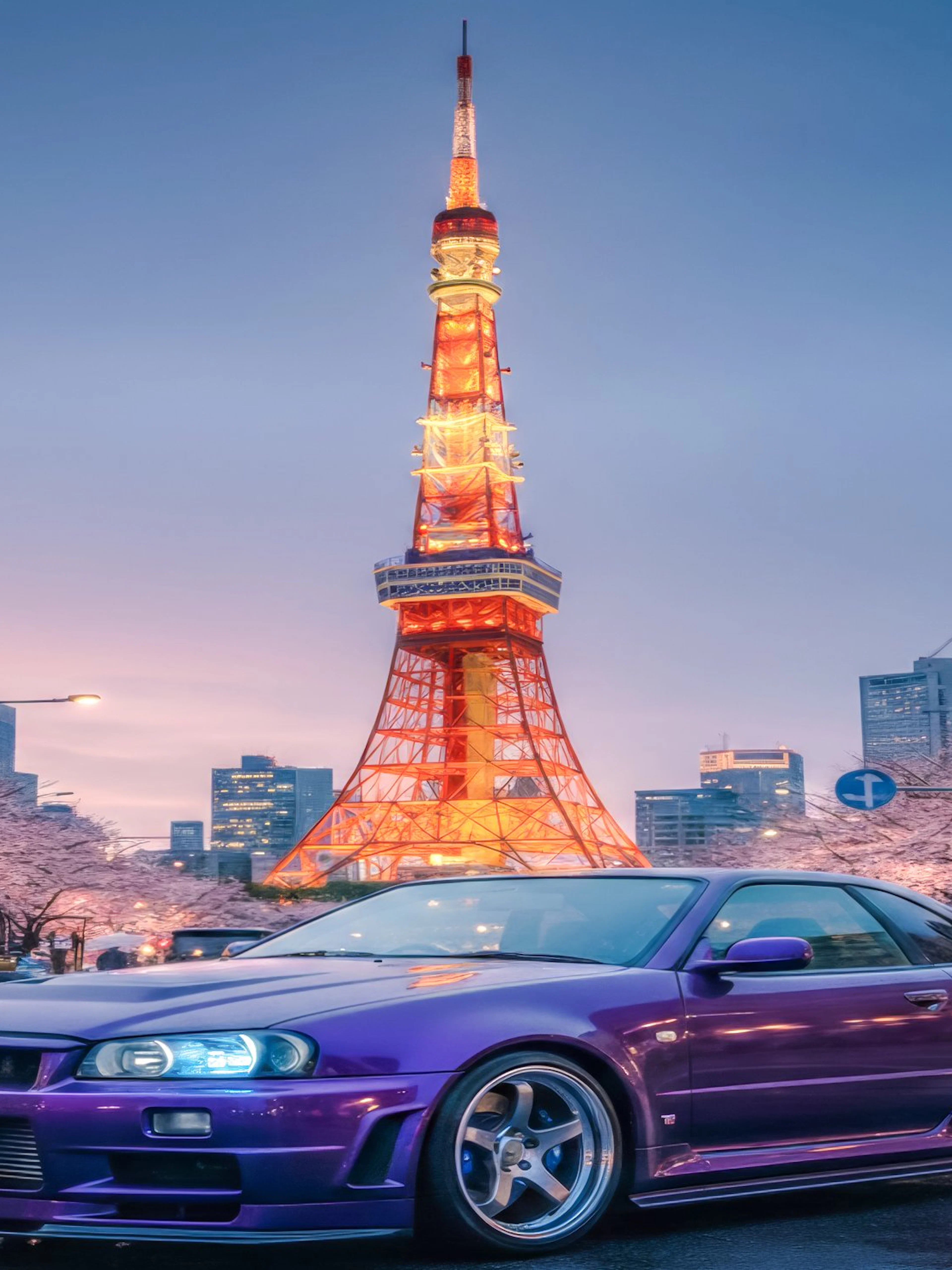 Supercar parked in front of illuminated Tokyo Tower with cherry blossoms.