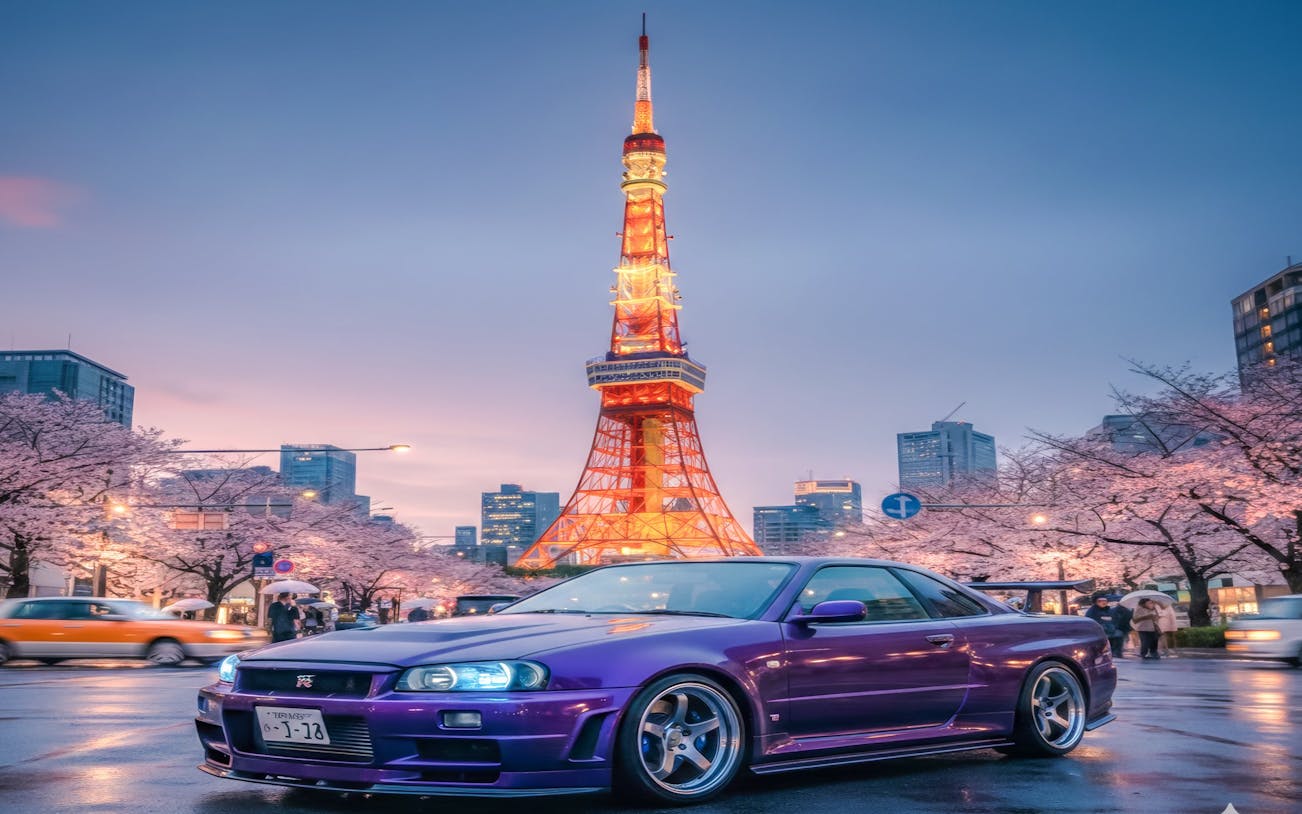 Supercar parked in front of illuminated Tokyo Tower with cherry blossoms.