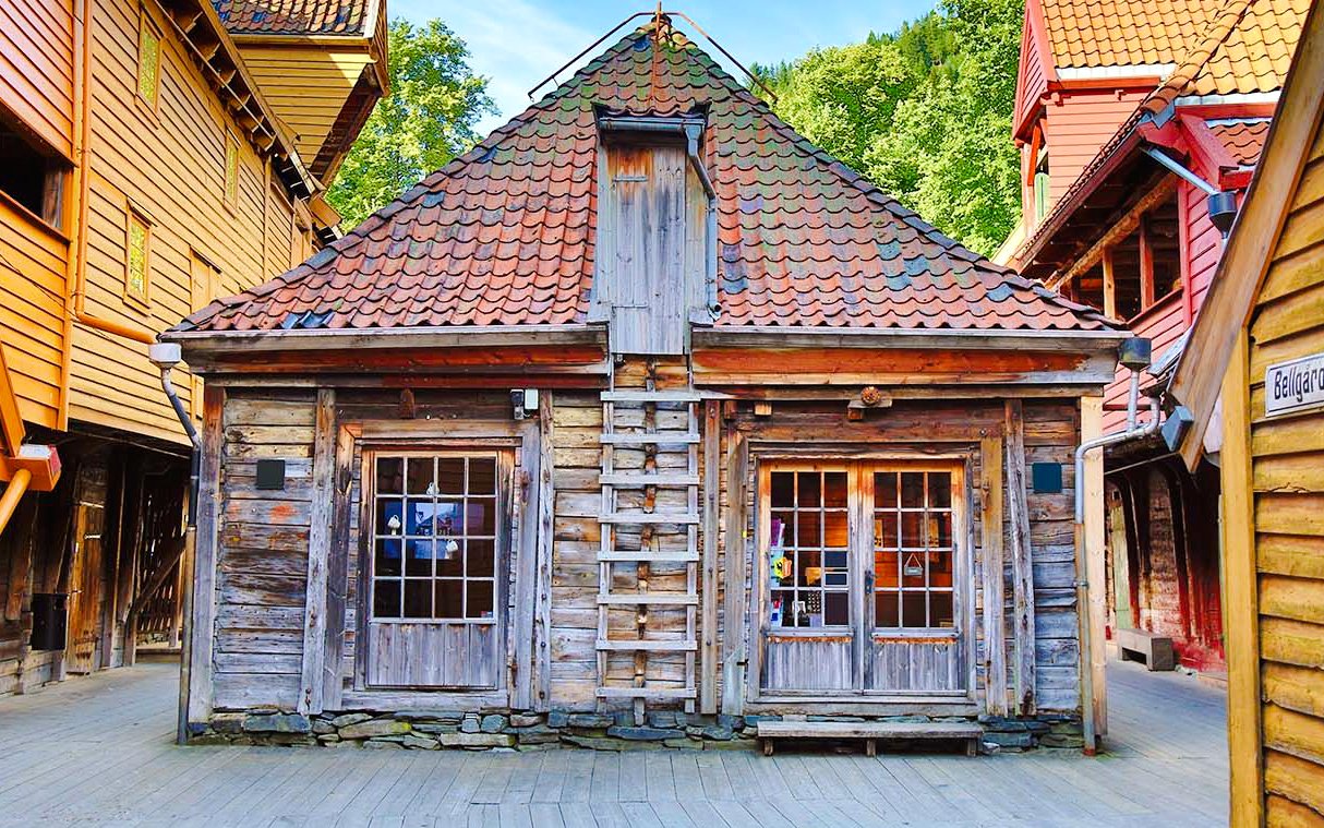 Wooden house with tiled roof in Bryggen, Bergen.