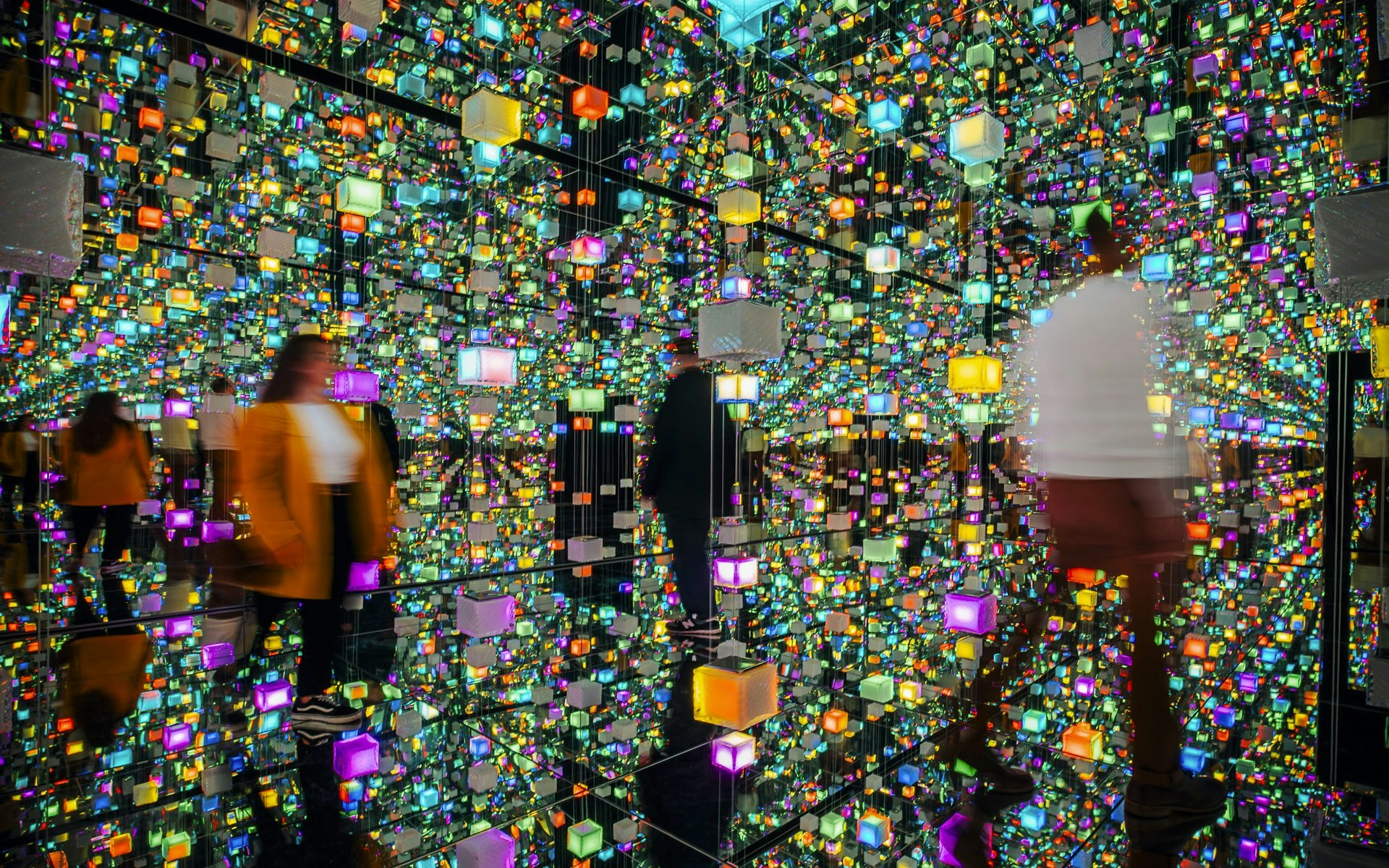 Guests exploring colorful digital exhibits at Signal Space Digital Art Gallery.