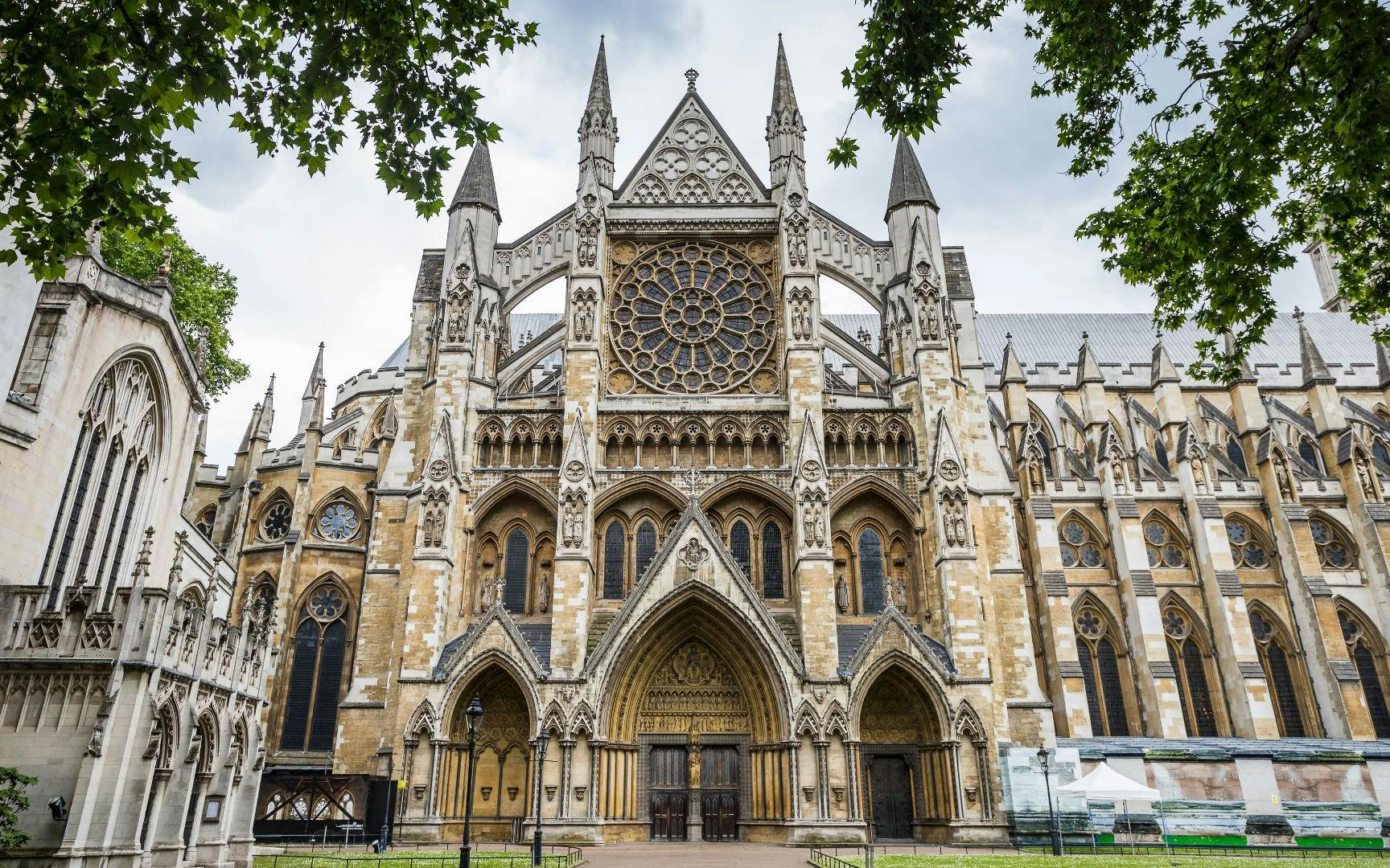 Westminster Abbey facade on a London sightseeing bus tour.