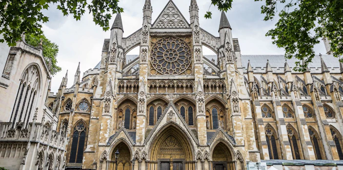 Westminster Abbey facade on a London sightseeing bus tour.