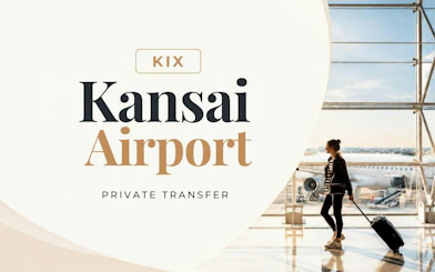 Kansai Airport private transfer service with traveler and airplane in background.