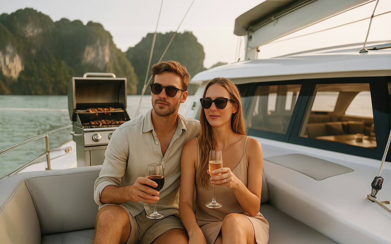 Couple enjoying a sunset view on a Langkawi cruise with dinner.