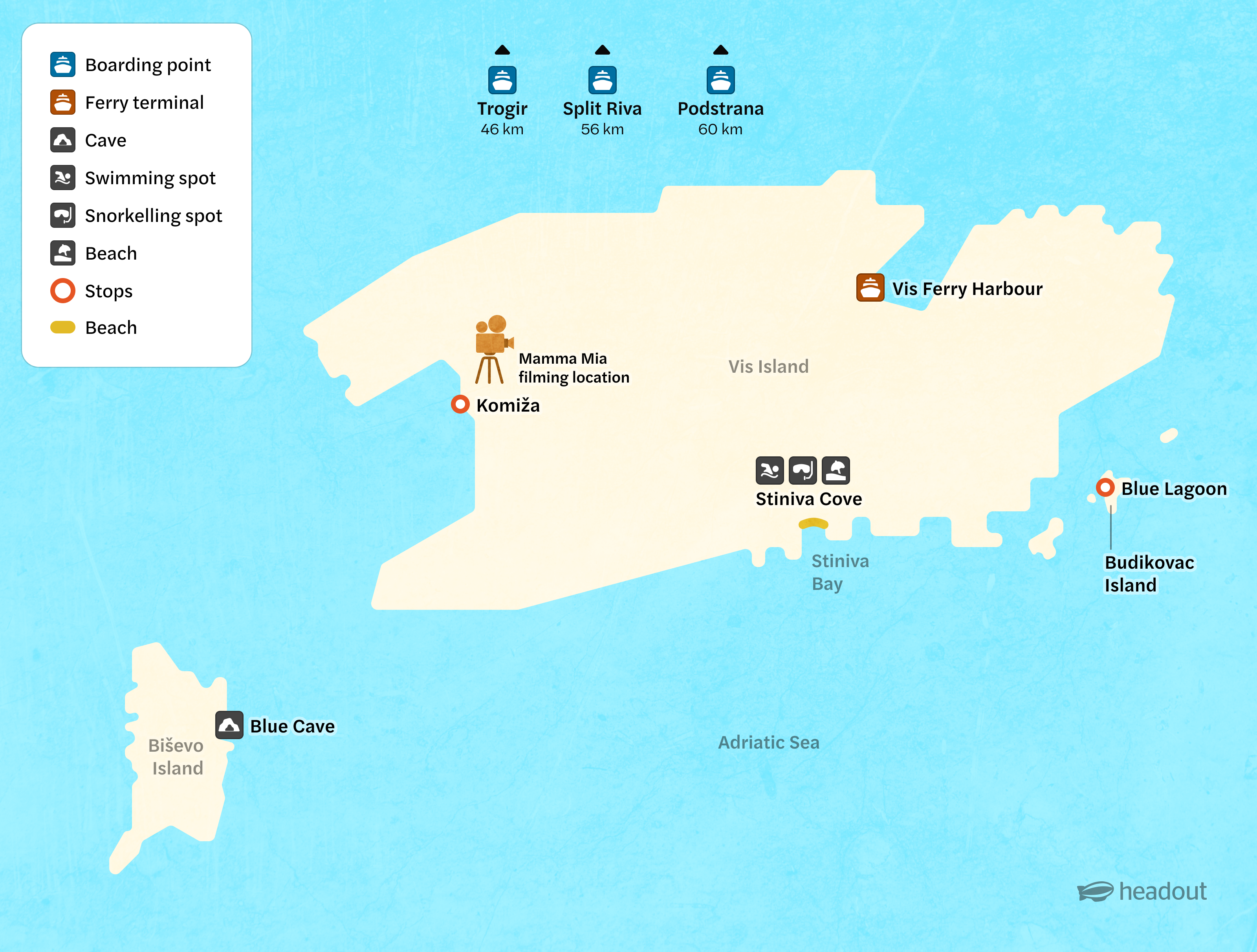 Vis Island map showing Komiža, Stiniva Cove, Blue Cave, and ferry routes.